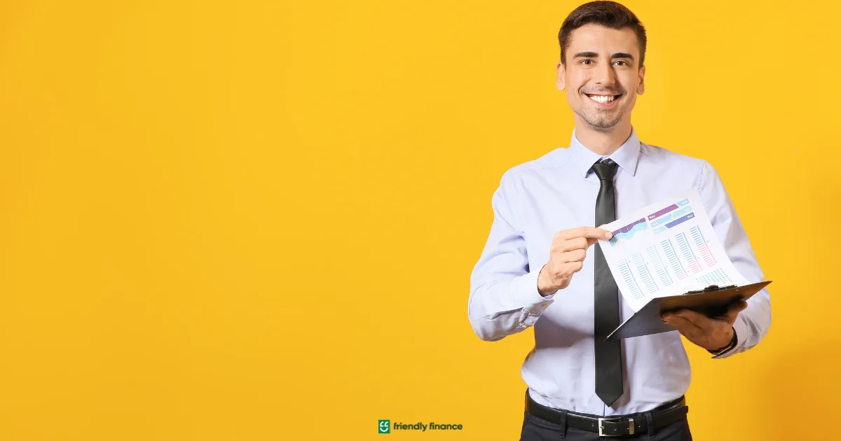 A smiling businessman in a shirt and tie holds a clipboard displaying financial charts and graphs, set against a bright yellow background.